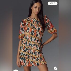 NWT $258 Farm Rio x Anthropologie Puff-Sleeve Fitted Mini Dress M